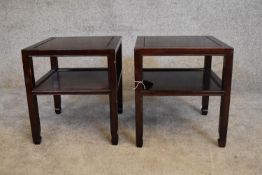 A pair of Chinese rosewood low tables on square section supports united by undertier. H.40 x 36cm