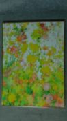 A framed oil on canvas by Warren Krebs depicting abstract flowers. Titled 'Ragtime'. Signed by
