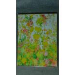 A framed oil on canvas by Warren Krebs depicting abstract flowers. Titled 'Ragtime'. Signed by