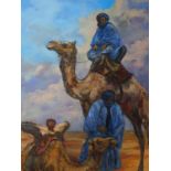 A framed oil on canvas of two men on camels, by Robert Barnete. 78x60cm