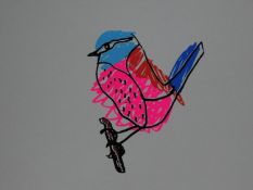 A coloured screen print by British artist Robert Clarke. Titled 'Super Crazy Bird', edition 2/40 H.