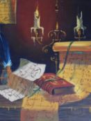 a framed oil on canvas depicting a scroll with books and a candelabra. 65x56cm