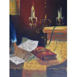 a framed oil on canvas depicting a scroll with books and a candelabra. 65x56cm