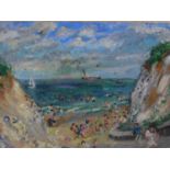 A carved giltwood framed oil on board depicting a beach scene by Dorothy Zinaida Duval. Signed