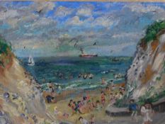 A carved giltwood framed oil on board depicting a beach scene by Dorothy Zinaida Duval. Signed
