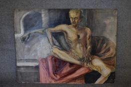 An oil on board, skeletal figure, from the studio of the late Jacqueline Morreau, unsigned. H.78 x