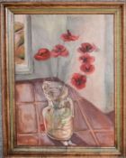 A framed oil on board by the late Jacqueline Morreau, unsigned, still life poppies. H.80 x 60cm
