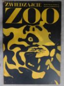 A vintage Zoo Zweidzajcie poster with a jaguar. By artist Waldemar Swierzy, 1967. 97x68cm