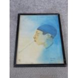 A framed watercolour of a man smoking an opium pipe, signed Peter Lyle. 35x25.5