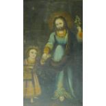 A framed oil on canvas of a religious figure walking with a child, unsigned. 83x63cm