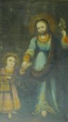 A framed oil on canvas of a religious figure walking with a child, unsigned. 83x63cm