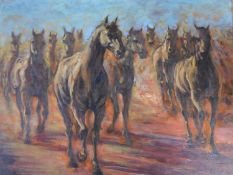 A framed oil on canvas of a herd of horses, by Robert Barnete. 44x54cm