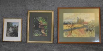 Three framed and glazed watercolours, country scenes. H.56 x 66cm (largest)