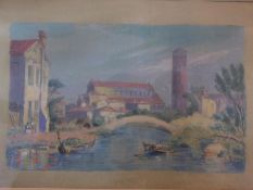 A giltwood framed and glazed watercolour depicting a townscape with a bridge over a river. 59x49cm