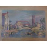 A giltwood framed and glazed watercolour depicting a townscape with a bridge over a river. 59x49cm