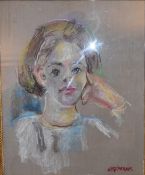 A large framed and glazed pastel portrait of a young girl, signed. H.70 x 60cm
