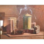 A framed and glazed oil on board, still life, signed 'KAB' H.46 x 56cm