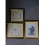 Three framed and glazed pencil sketches of various subjects. 41x36cm