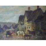 A 19th century giltwood framed oil on canvas by Dean Wolstenholme, a village scene, High Road,