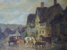 A 19th century giltwood framed oil on canvas by Dean Wolstenholme, a village scene, High Road,