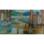 A framed oil on canvas by Argentina artist Virginia Bellati showing open barn doors with pumpkins