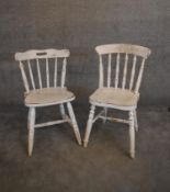 Two 19th century distressed painted pine dining chairs. H.86 x 40cm