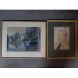 Two framed and glazed pastels, one depicting a house by a forest and the other a portrait. One