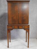 An Georgian style mahogany drinks cabinet with panelled doors revealing mirrored interior above