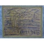 A framed oil on board of men going to work in a factory, signed by A. Morry. H.27 W.34cm