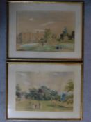 A pair of framed and glazed watercolours depicting a family in a garden by a country house,