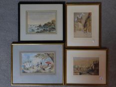 Four framed and glazed watercolours. One depicting fairies and animals in a wood. Two depicting
