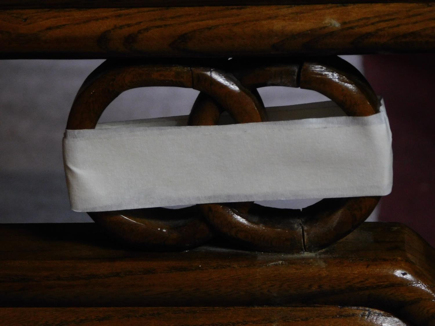 A Chinese hardwood rattan topped dining table raised on circular section supports. Possibly retailed - Image 5 of 7