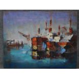 An oil on canvas by Greek artist Tilemachos Kyriazatis. Titled 'Ships at Harbour'. Signed and