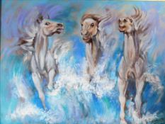 A framed oil on canvas of three horses, by Robert Barnete. 44x54cm
