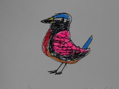 A coloured screen print by British artist Robert Clarke. Titled 'Crazy Bird', edition 3/20. H.42xW.