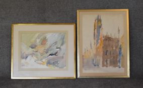 A framed and glazed watercolour, 'Cathedral of Gdansk' signed by Mano and the other of a Cornish