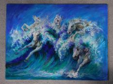 A oil on canvas of horses swimming on the ocean, by Robert Barnete. 46x61cm