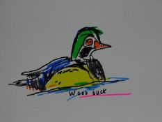 A coloured screen print by British artist Robert Clarke. Titled 'Wood Duck', edition 3/40H.42xW.58cm