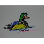 A coloured screen print by British artist Robert Clarke. Titled 'Wood Duck', edition 3/40H.42xW.58cm