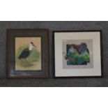 A framed and glazed watercolour, bird study and an abstract composition. H.46 x 39cm