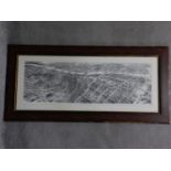 A framed and glazed bird's eye view map of Dublin. H.55 W.115cm