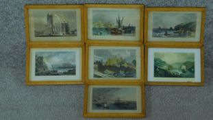 A set of seven framed and glazed antique hand coloured engravings of various British places of local