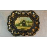 Victorian papier mâché gilded and hand painted tray with mother of pearl inlay to create the