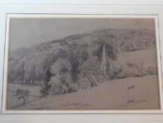 A framed and glazed charcoal, depicting Clenstone Church. 48x41cm