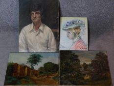 Four unframed oils on canvas depicting various subjects, two signed. 46x61cm (largest)