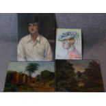 Four unframed oils on canvas depicting various subjects, two signed. 46x61cm (largest)