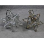 A pair of vintage clear glass panel star ceiling lights. One brass and one aluminium. H.33cm
