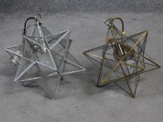 A pair of vintage clear glass panel star ceiling lights. One brass and one aluminium. H.33cm