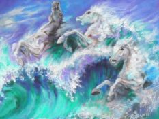 A oil on canvas of horses swimming on the ocean, by Robert Barnete. 59x74cm