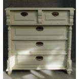 A 19th century continental painted chest of two short over three long drawers flanked by turned
